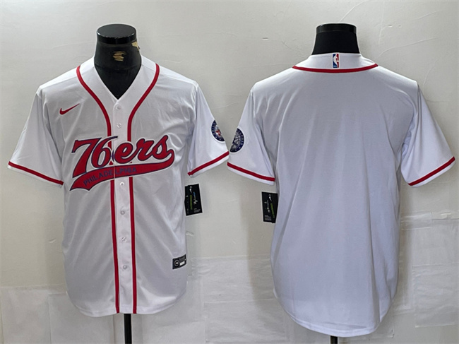 Men's Philadelphia 76ers Blank White Cool Base Stitched Baseball Jersey Men's Philadelphia 76ers Blank White Cool Base Stitched Baseball Jersey